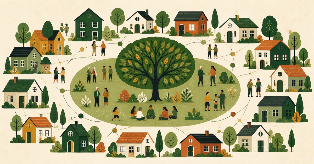 Illustration of Brighton Forest neighbors and homes connected around a shared community green.